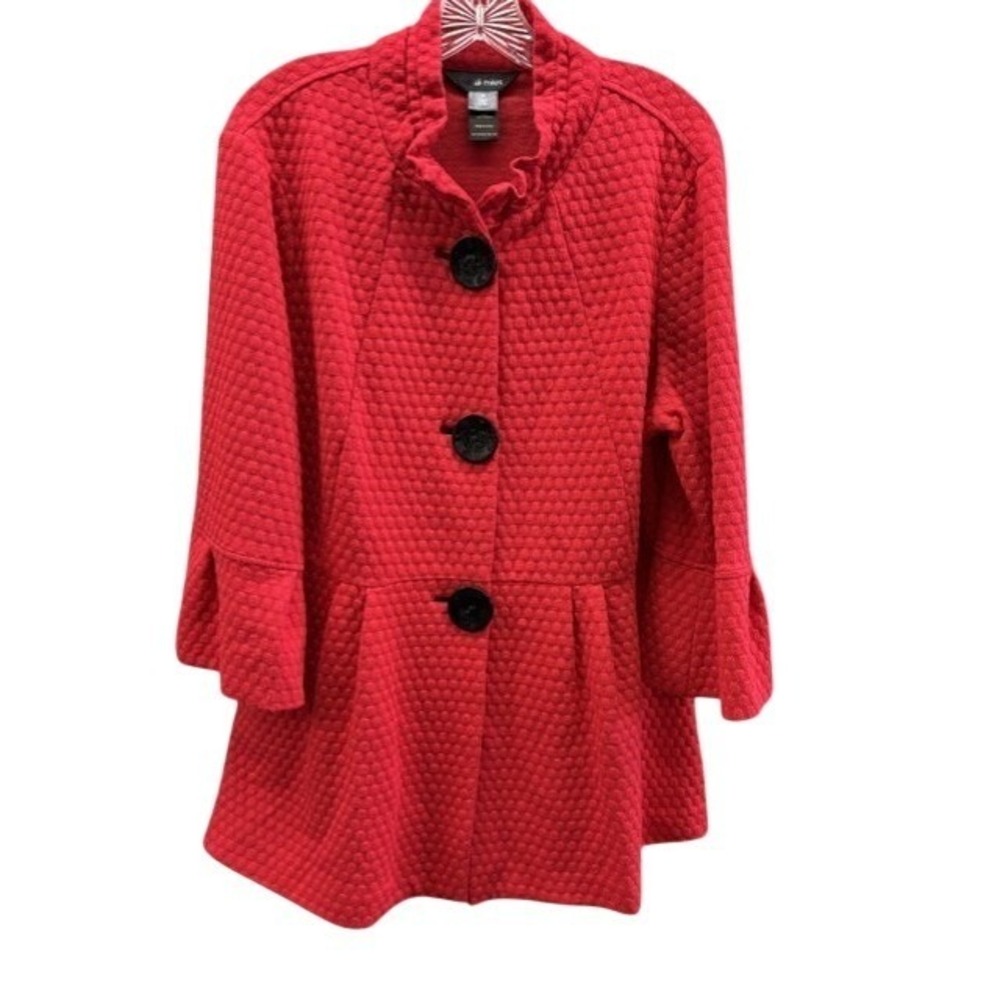 Ali Miles Womens Red Textured Knit Peplum Jacket 3/4‎ Sleeve Button Front Medium